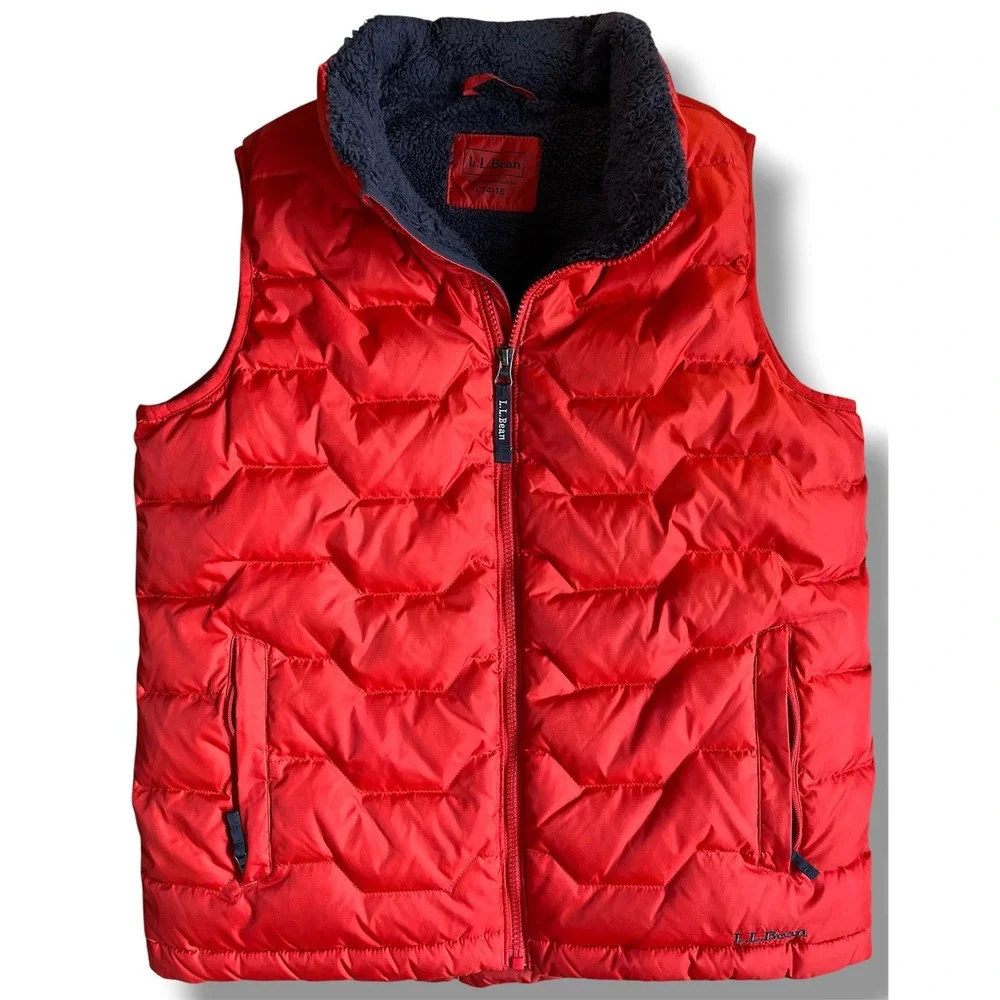 LL Bean Kids Red Puffer Vest Sherpa Lined Quilted Full Zip Size L 14-16
